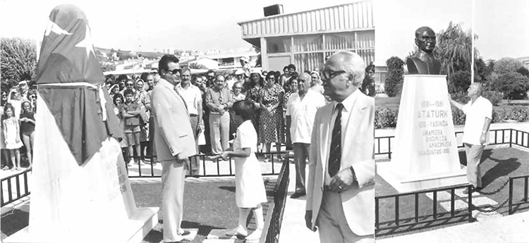 Bizimköy Atatürk büstünün açılış töreni, 30 Ağustos 1981 Açılıştan önce (solda) ve açıldıktan sonra (sağda) 